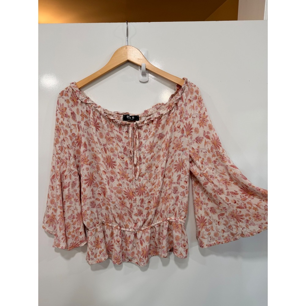 Blue B Collection Floral Peplum Peasant Top Bell Sleeve Pink Orange Large